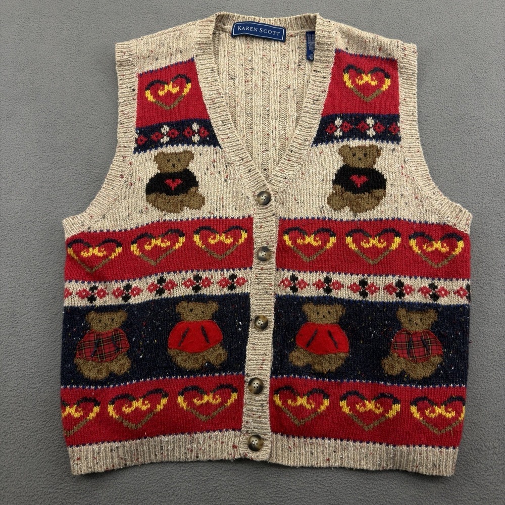 Vtg Karen Scott Knit Sweater Vest Size M Teddy Bear Hearts Speckled Cottagecore